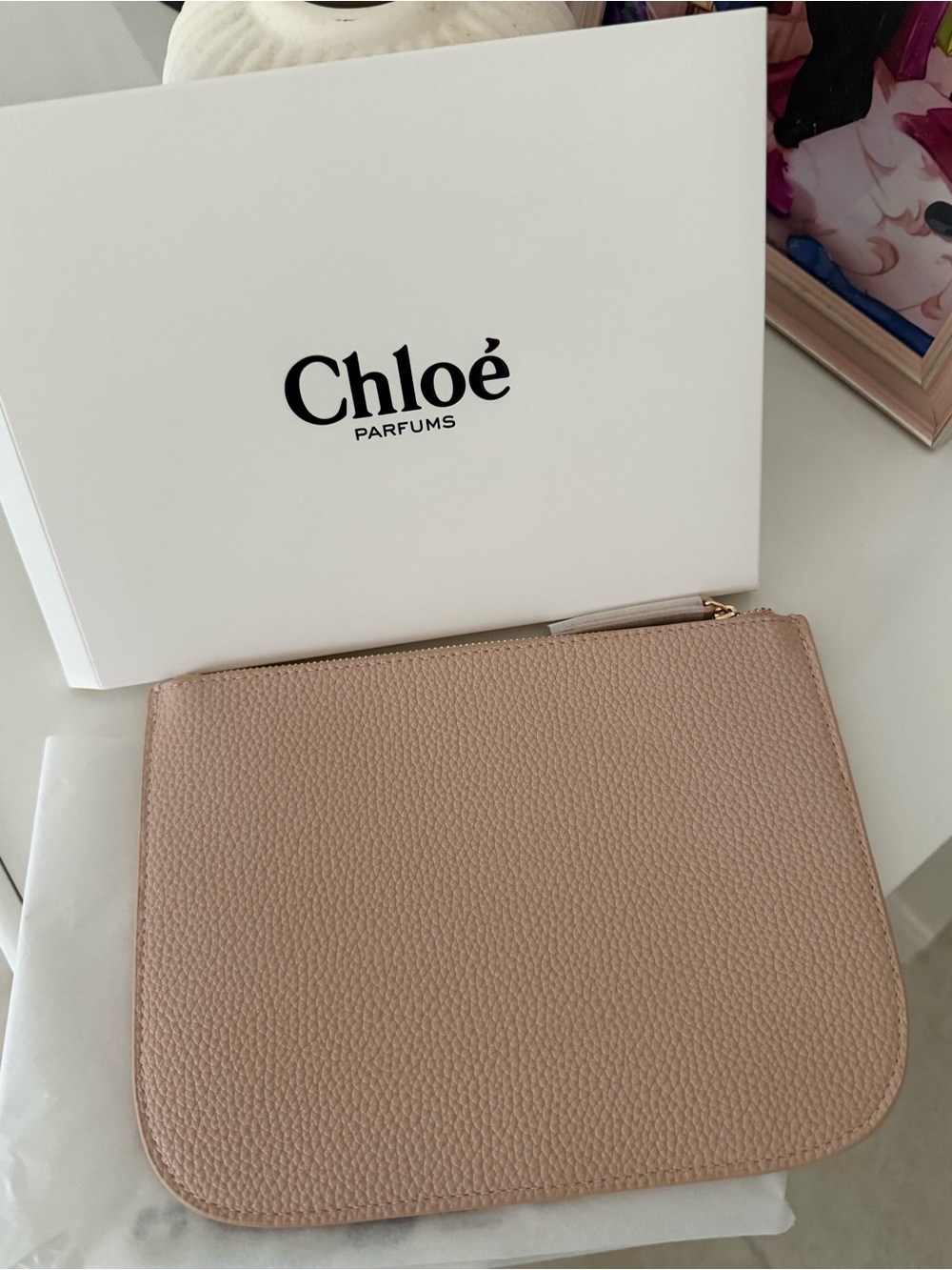 Chloé Taupe Pebbled Faux Leather Studded Zip Pouch - Picture 2 of 4